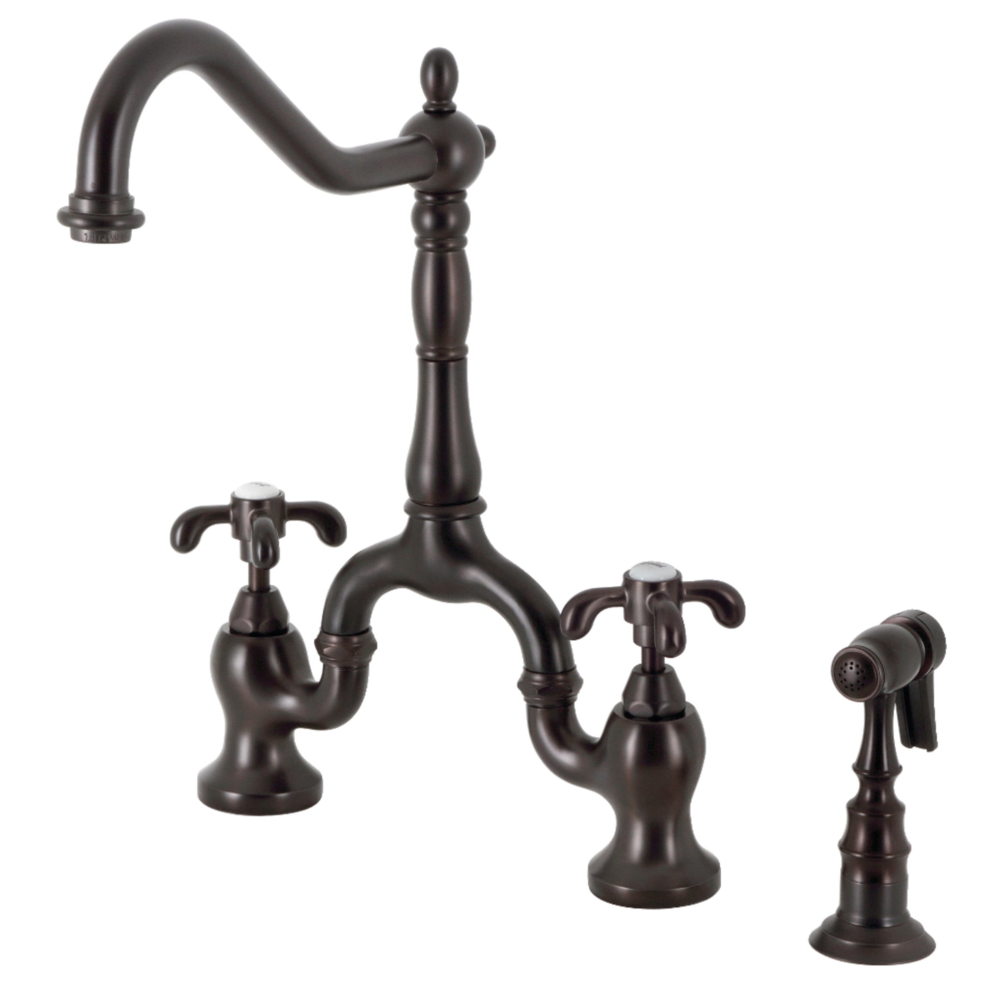 Kingston Brass KS7755TXBS French Country Two-Handle 3-Hole Deck Mount Bridge Kitchen Faucet with Brass Side Sprayer in Oil Rubbed Bronze