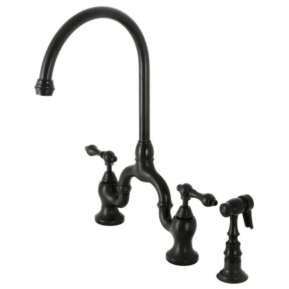 Kingston Brass KS7790ALBS English Country Two-Handle 3-Hole Deck Mount Bridge Kitchen Faucet with Brass Side Sprayer in Matte Black