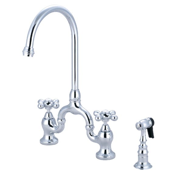 Kingston Brass KS7791AXBS English Country Two-Handle 3-Hole Deck Mount Bridge Kitchen Faucet with Brass Side Sprayer in Polished Chrome