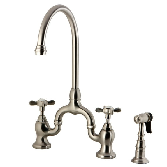 Kingston Brass KS7798BEXBS Essex Two-Handle 3-Hole Deck Mount Bridge Kitchen Faucet with Brass Side Sprayer in Brushed Nickel