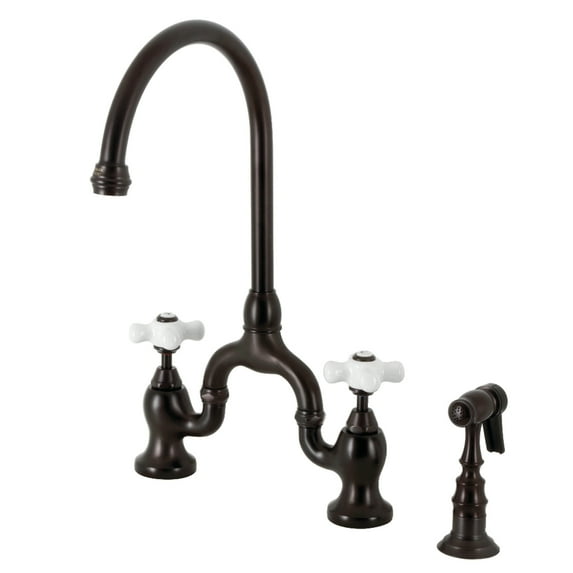 Kingston Brass KS7795PXBS English Country Two-Handle 3-Hole Deck Mount Bridge Kitchen Faucet with Brass Side Sprayer in Oil Rubbed Bronze