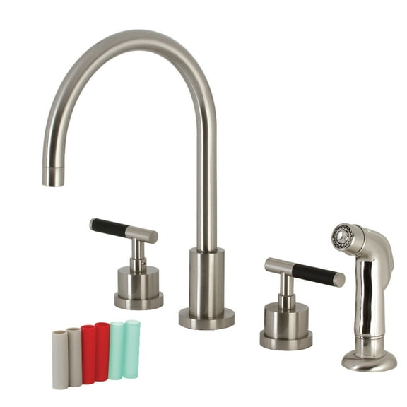 Kingston Brass KS8728CKL Kaiser Double-Handle 4-Hole Widespread Kitchen Faucet with Plastic Sprayer in Brushed Nickel