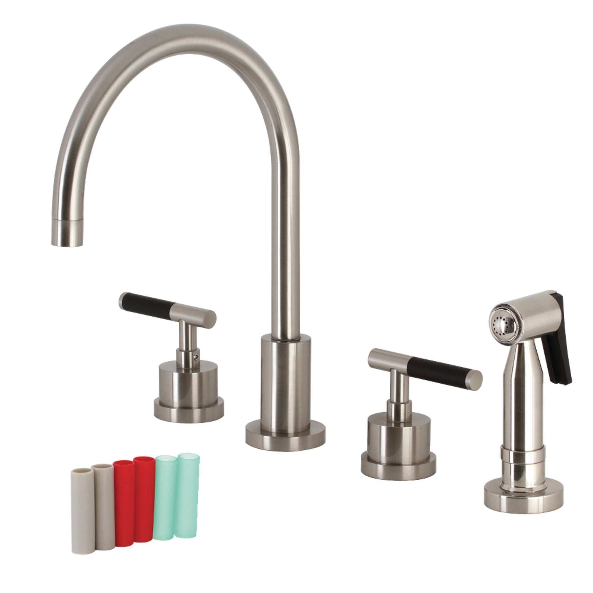 Kingston Brass KS8728CKLBS Kaiser Double-Handle 4-Hole Widespread Kitchen Faucet with Brass Sprayer in Brushed Nickel