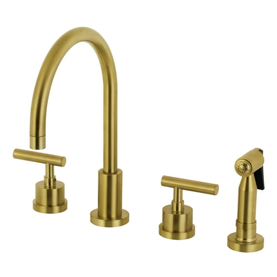 Kingston Brass KS8727CMLBS Manhattan Double-Handle 4-Hole Widespread Kitchen Faucet with Brass Sprayer in Brushed Brass