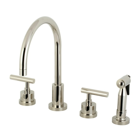 Kingston Brass KS8726CMLBS Manhattan Double-Handle 4-Hole Widespread Kitchen Faucet with Brass Sprayer in Polished Nickel