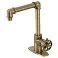 thumbnail image 1 of Kingston Brass KSD144RXAB Belknap One-Handle Single-Hole Bathroom Faucet with Deck Plate and Push Pop-Up Drain, Antique Brass, 1 of 7