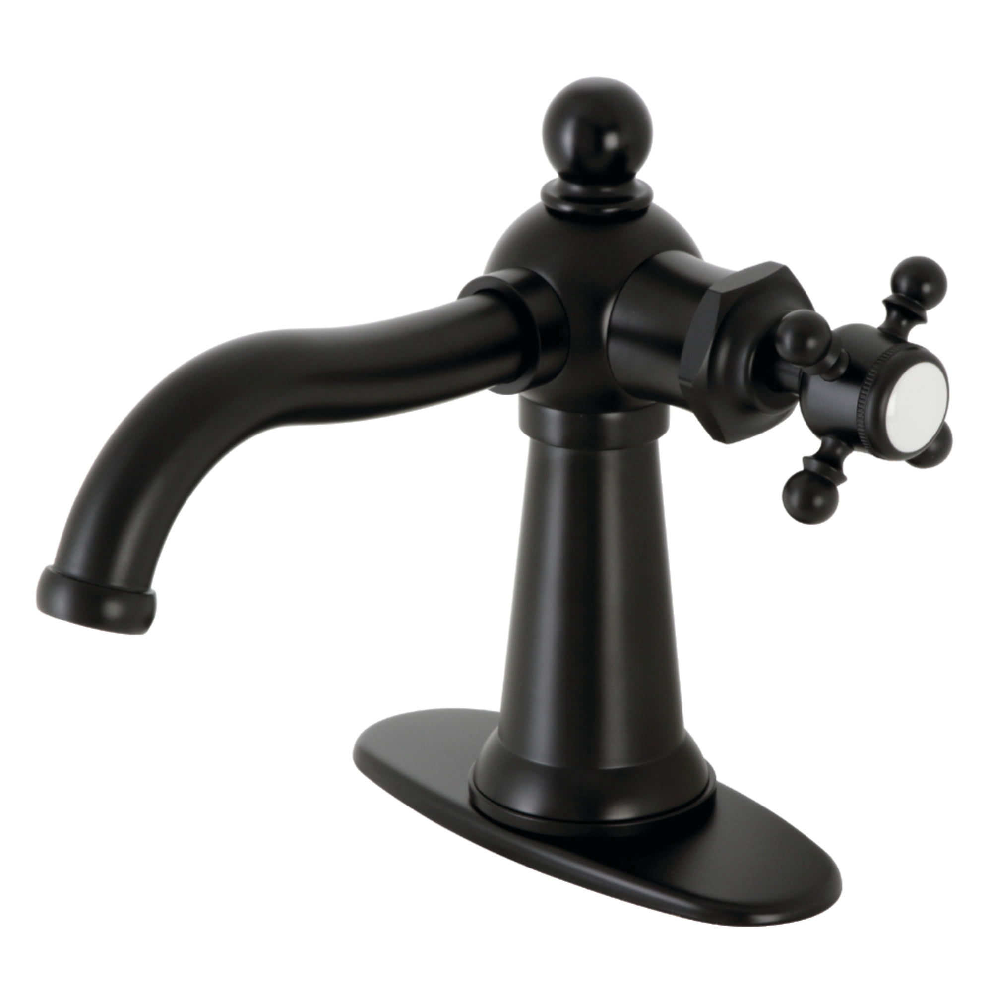 Kingston Brass KSD154BXMB Nautical One-Handle Single-Hole Bathroom Faucet with Deck Plate and Push Pop-Up Drain, Matte Black