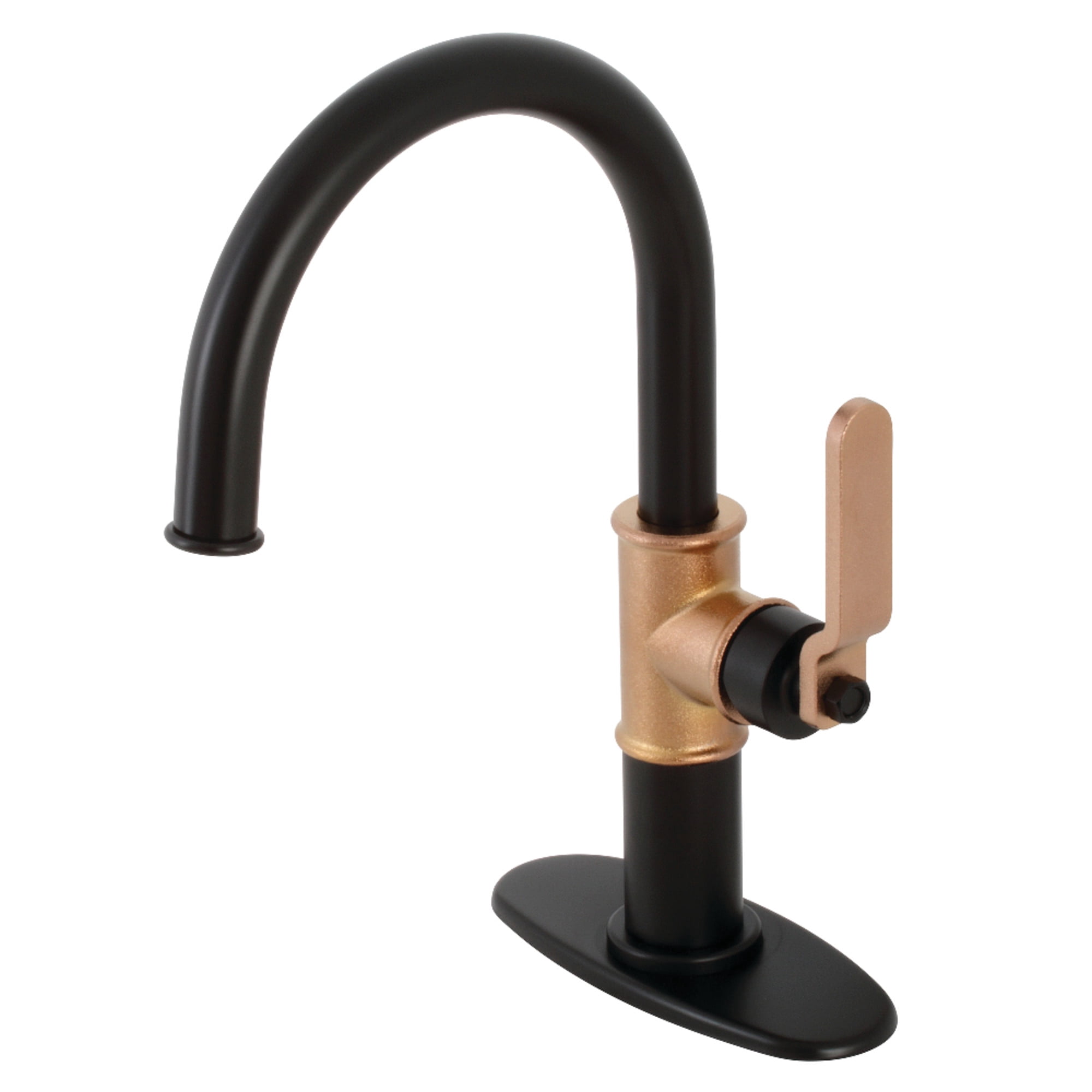 Kingston Brass KSD2237KL Whitaker One-Handle Single-Hole Bathroom Faucet with Deck Plate and Push Pop-Up Drain, Matte Black/Rose Gold