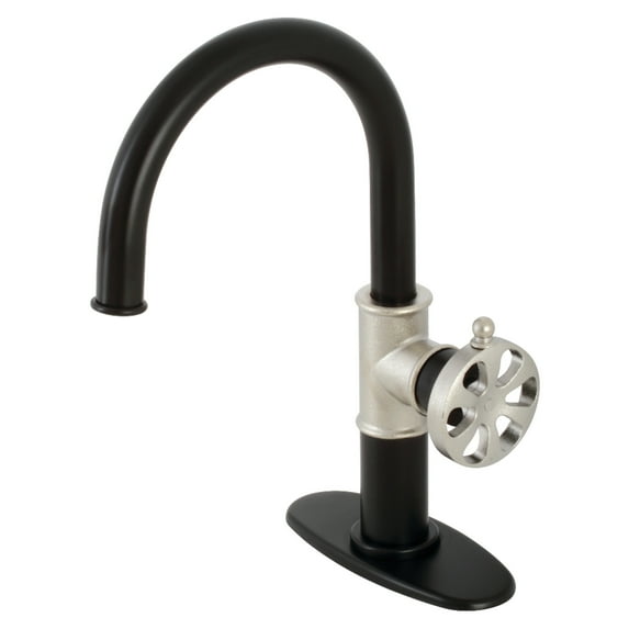 Kingston Brass KSD2236RX Belknap One-Handle Single-Hole Bathroom Faucet with Deck Plate and Push Pop-Up Drain, Matte Black/Polished Nickel