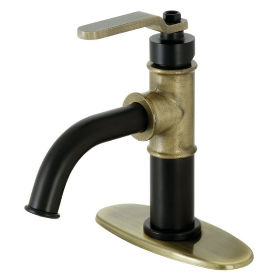 Kingston Brass KSD2823KL Whitaker One-Handle Single-Hole Bathroom Faucet with Deck Plate and Push Pop-Up Drain, Matte Black/Antique Brass