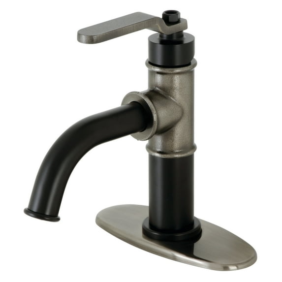 Kingston Brass KSD2824KL Whitaker One-Handle Single-Hole Bathroom Faucet with Deck Plate and Push Pop-Up Drain, Matte Black/Black Stainless