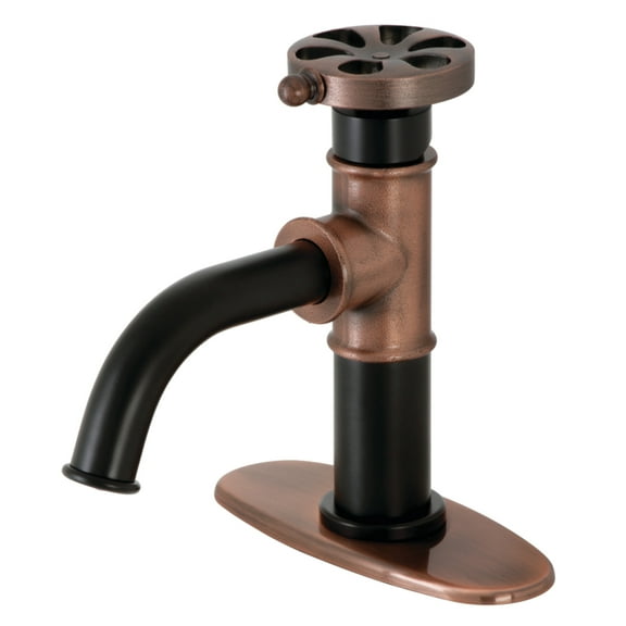 Kingston Brass KSD282RXAC Belknap One-Handle Single-Hole Bathroom Faucet with Deck Plate and Push Pop-Up Drain, Matte Black/Antique Copper