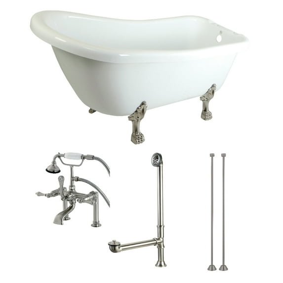 Aqua Eden KTDE692823C8 67" Acrylic Oval Single Slipper Clawfoot Tub with Faucet Drain and Supply Lines Combo, Glossy White/Brushed Nickel