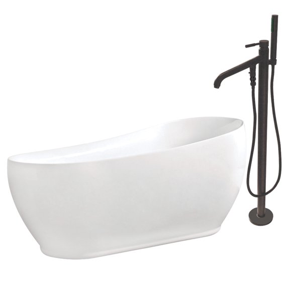 Aqua Eden KTRS723432A5 71" Acrylic Oval Single Slipper Freestanding Tub with Faucet Combo and Drain, Glossy White/Oil Rubbed Bronze