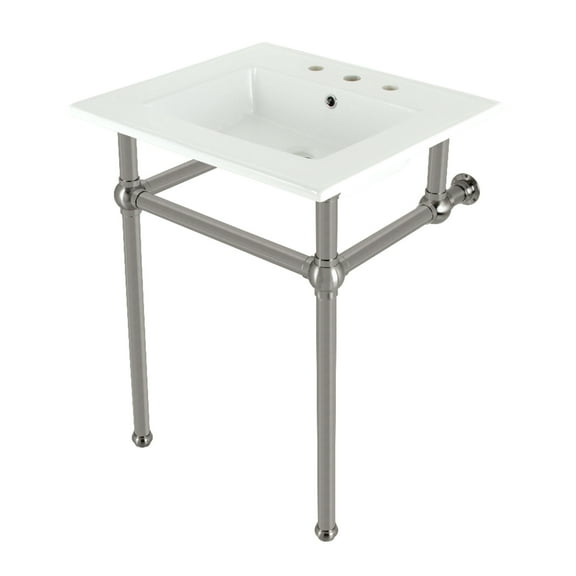 Kingston Brass KVBH25227W8B8 Templeton 25" Ceramic Console Sink with Brass Legs (8-Inch, 3-Hole), White/Brushed Nickel