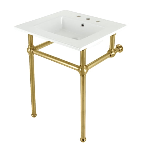 Kingston Brass KVBH25227W8B7 Templeton 25" Ceramic Console Sink with Brass Legs (8-Inch, 3-Hole), White/Brushed Brass