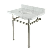 Kingston Brass KVBH3022M88 Templeton 30-Inch Carrara Marble Console Sink with Brass Legs (8-Inch, 3-Hole) in Carrara Marble White/Brushed Nickel