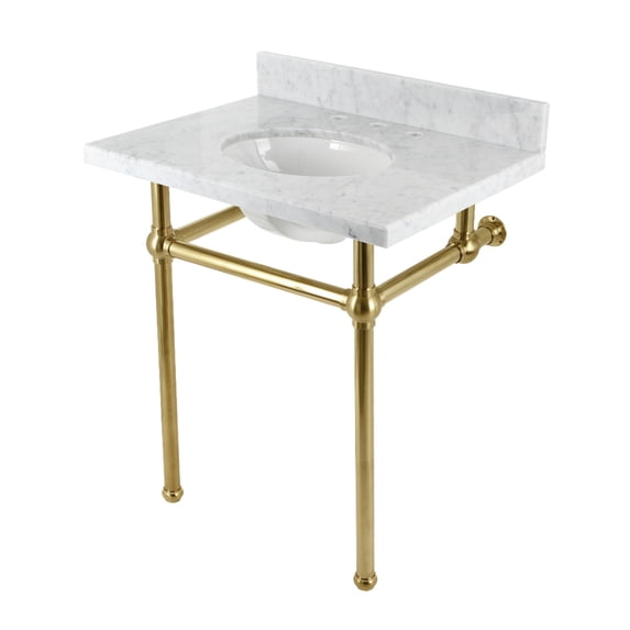 Kingston Brass KVBH3022M87 Templeton 30-Inch Carrara Marble Console Sink with Brass Legs (8-Inch, 3-Hole) in Carrara Marble White/Brushed Brass