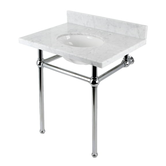 Kingston Brass KVBH3022M81 Templeton 30-Inch Carrara Marble Console Sink with Brass Legs (8-Inch, 3-Hole) in Carrara Marble White/Polished Chrome