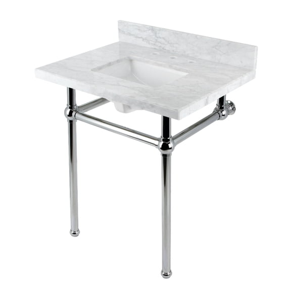 Kingston Brass KVBH3022M8SQ1 Templeton 30-Inch Carrara Marble Console Sink with Brass Legs (8-Inch, 3-Hole) in Carrara Marble White/Polished Chrome