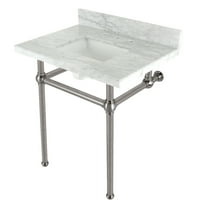 Kingston Brass KVBH3022M8SQ8 Templeton 30-Inch Carrara Marble Console Sink with Brass Legs (8-Inch, 3-Hole) in Carrara Marble White/Brushed Nickel