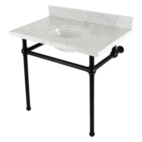 Kingston Brass KVBH3622M80 Templeton 36" Carrara Marble Console Sink with Brass Legs (8-Inch, 3-Hole), Carrara Marble White/Matte Black