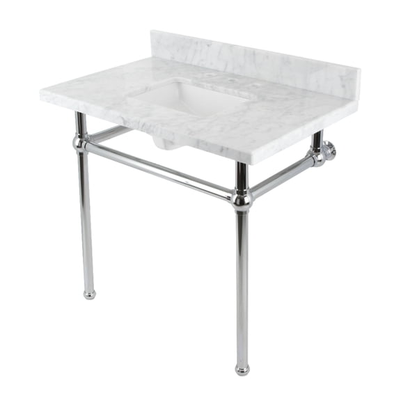 Kingston Brass KVBH3622M8SQ1 Templeton 36-Inch Carrara Marble Console Sink with Brass Legs (8-Inch, 3-Hole) in Carrara Marble White/Polished Chrome