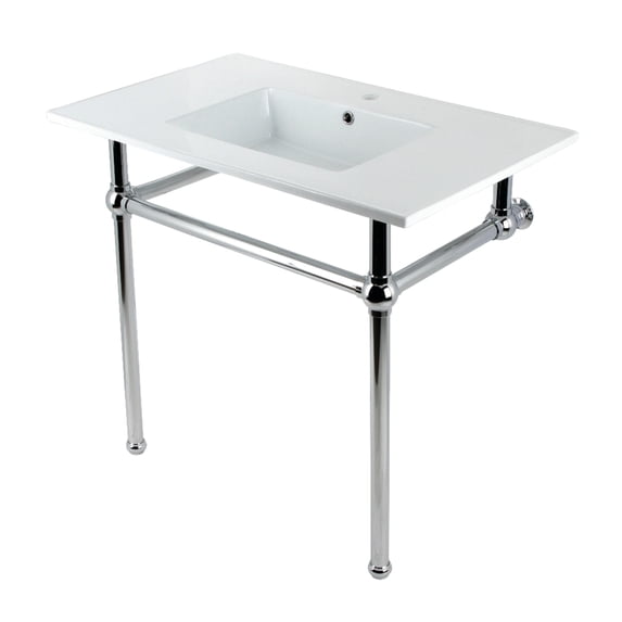 Kingston Brass KVBH37227C Templeton 37" Ceramic Console Sink with Brass Legs (1-Hole), White/Polished Chrome