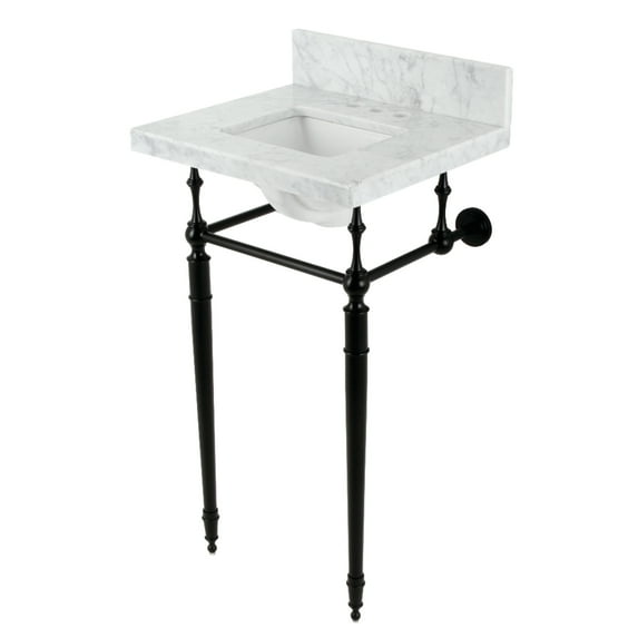 Kingston Brass KVPB1917M34SQ0 Edwardian 19" Carrara Marble Console Sink with Brass Legs (4-Inch, 3-Hole), Carrara Marble White/Matte Black