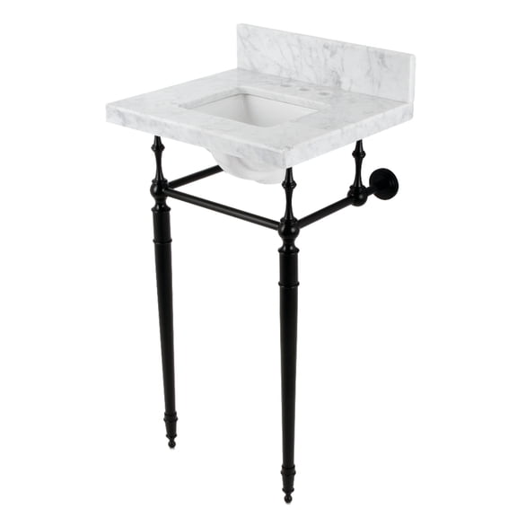 Kingston Brass KVPB1917M34SQ0 Edwardian 19" Carrara Marble Console Sink with Brass Legs (4-Inch, 3-Hole), Carrara Marble White/Matte Black