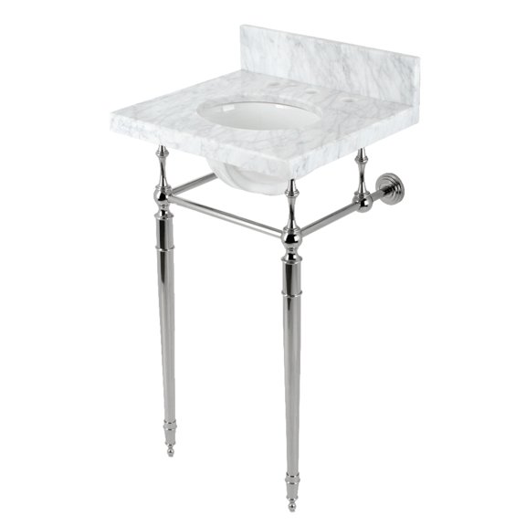 Kingston Brass KVPB1917M386ST Edwardian 19" Carrara Marble Console Sink with Brass Legs (8-Inch, 3-Hole), Carrara Marble White/Polished Nickel