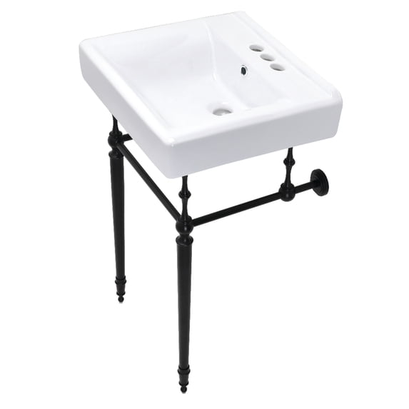 Kingston Brass KVPB2018W40 Edwardian 20" Porcelain Console Sink with Brass Legs (4-Inch, 3-Hole), White/Matte Black