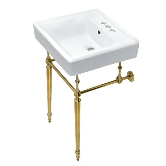 Kingston Brass KVPB2018W47 Edwardian 20" Porcelain Console Sink with Brass Legs (4-Inch, 3-Hole), White/Brushed Brass