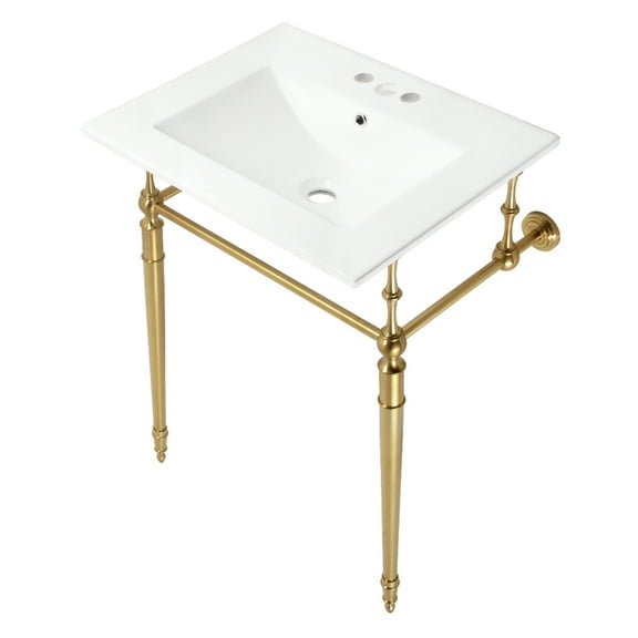 Kingston Brass KVPB24187W4BB Edwardian 24" Ceramic Console Sink with Brass Legs (4-Inch, 3-Hole), White/Brushed Brass