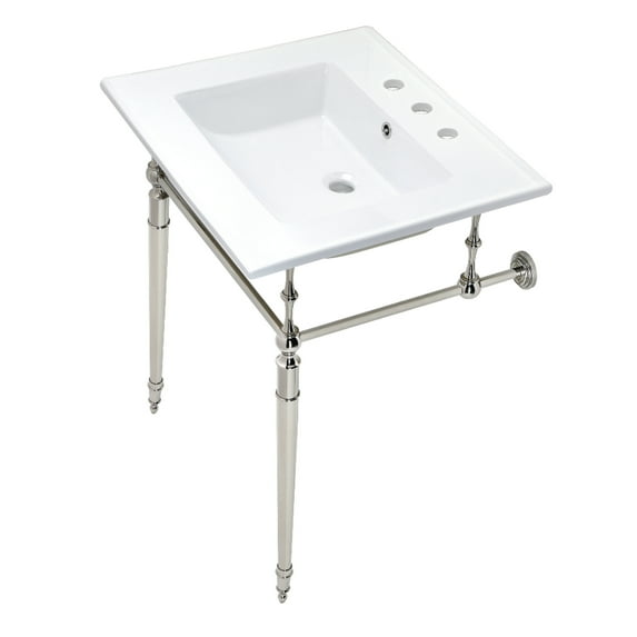 Kingston Brass KVPB25227W8PN Edwardian 25" Ceramic Console Sink with Brass Legs (8-Inch, 3-Hole), White/Polished Nickel