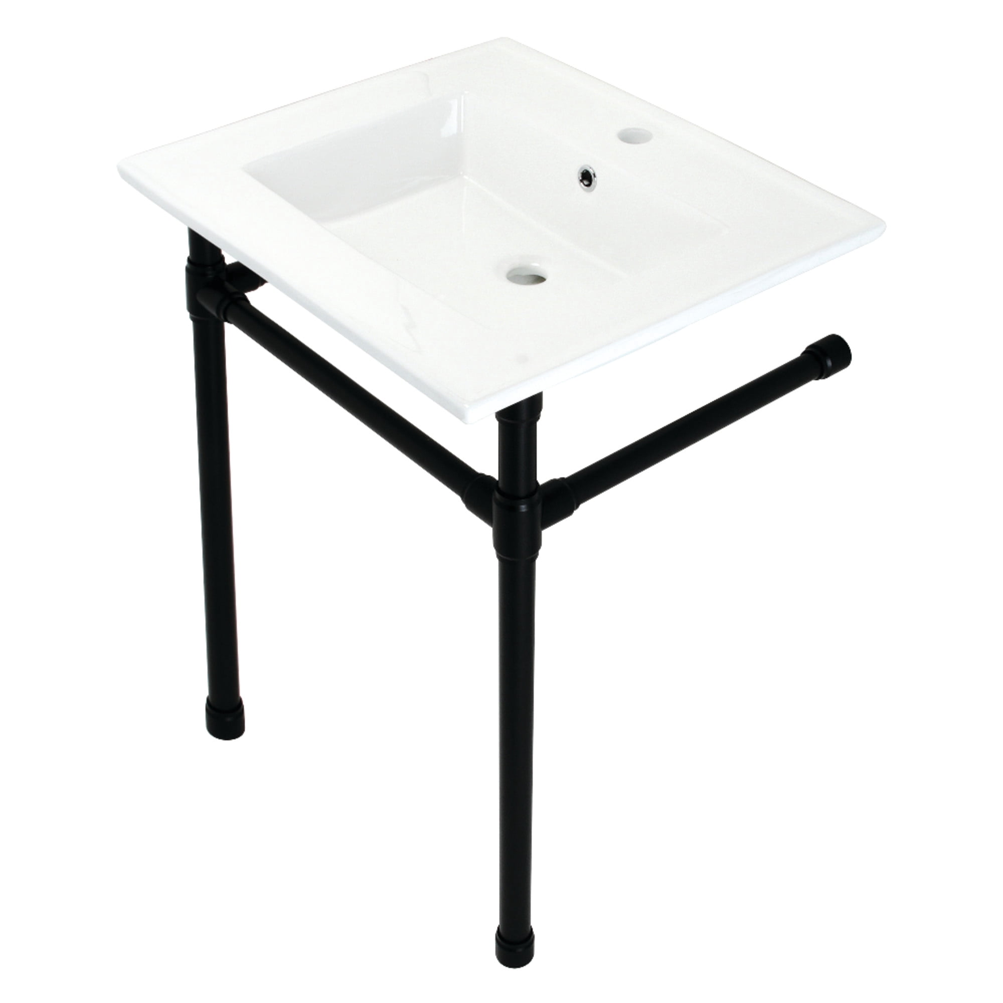 Kingston Brass KVPB2522710 Dreyfuss 25" Ceramic Console Sink with Stainless Steel Legs (1-Hole), White/Matte Black