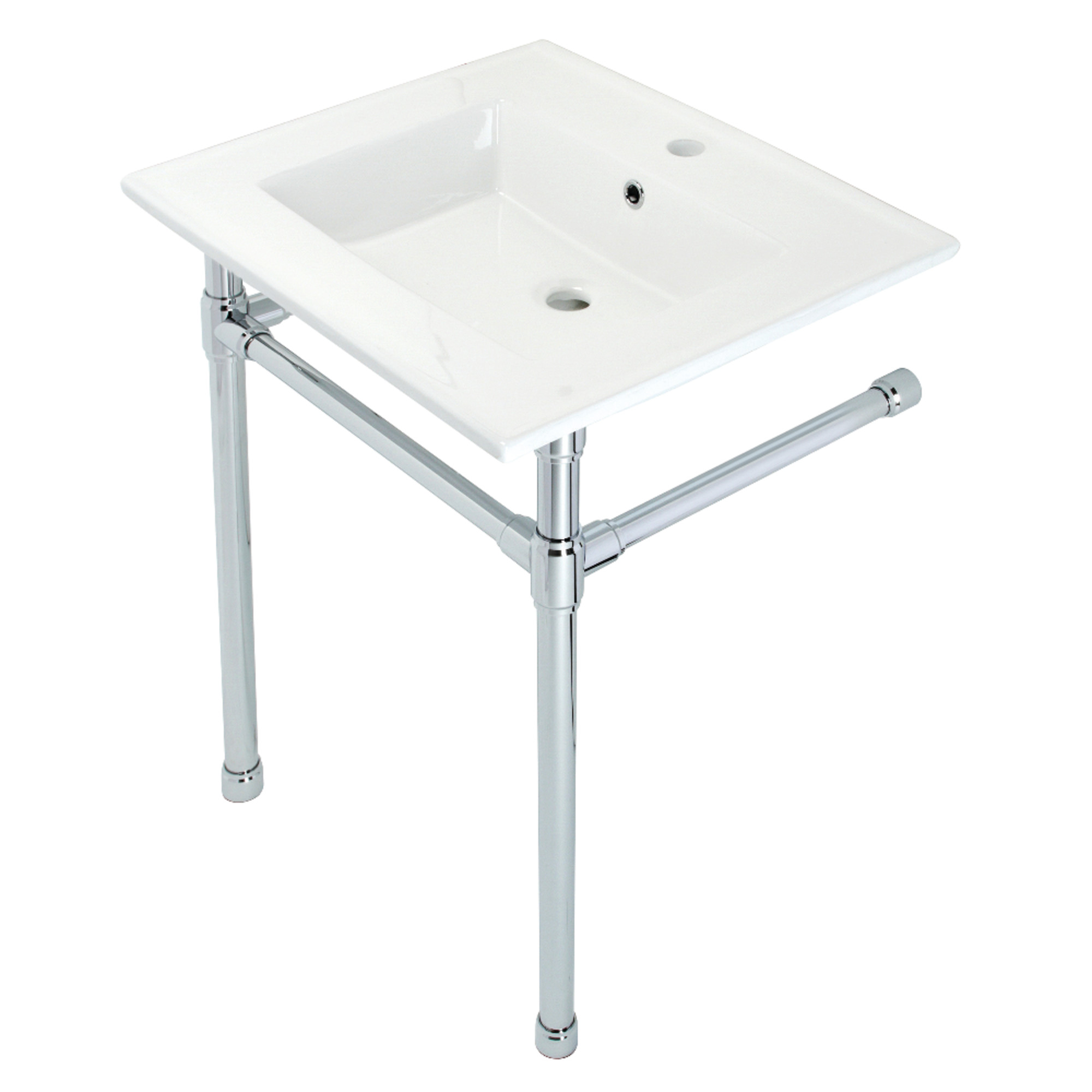 Kingston Brass KVPB2522711 Dreyfuss 25" Ceramic Console Sink with Stainless Steel Legs (1-Hole), White/Polished Chrome