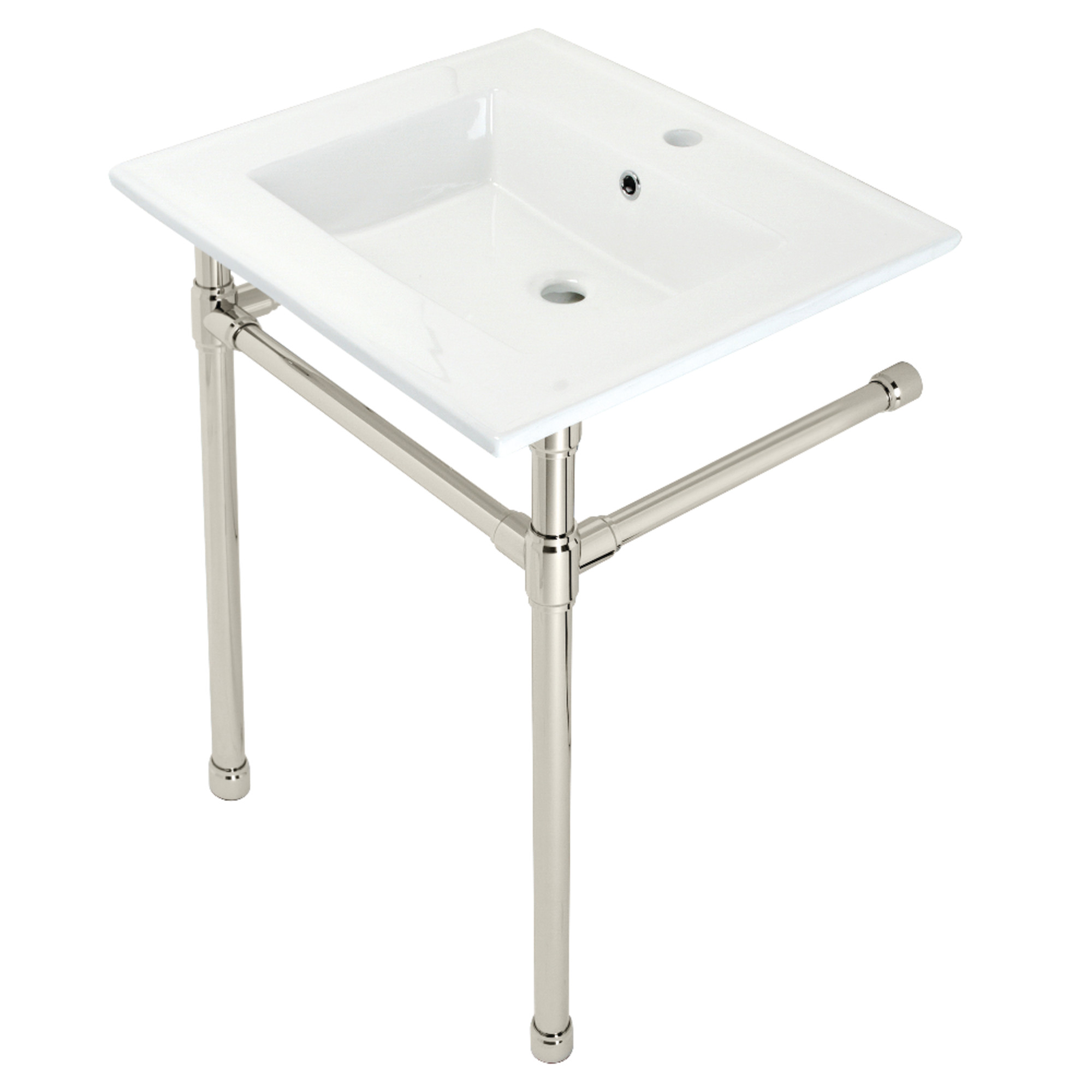 Kingston Brass KVPB2522716 Dreyfuss 25" Ceramic Console Sink with Stainless Steel Legs (1-Hole), White/Polished Nickel