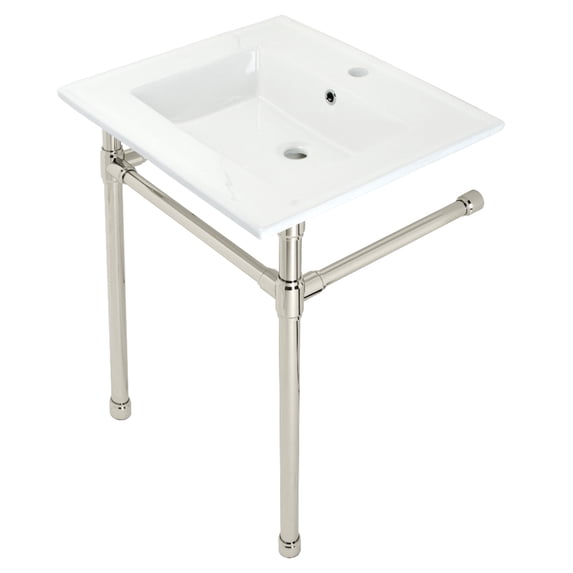 Kingston Brass KVPB2522716 Dreyfuss 25" Ceramic Console Sink with Stainless Steel Legs (1-Hole), White/Polished Nickel