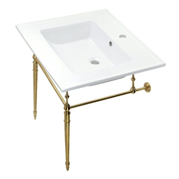 Kingston Brass KVPB252271BB Edwardian 25" Ceramic Console Sink with Brass Legs (1-Hole), White/Brushed Brass