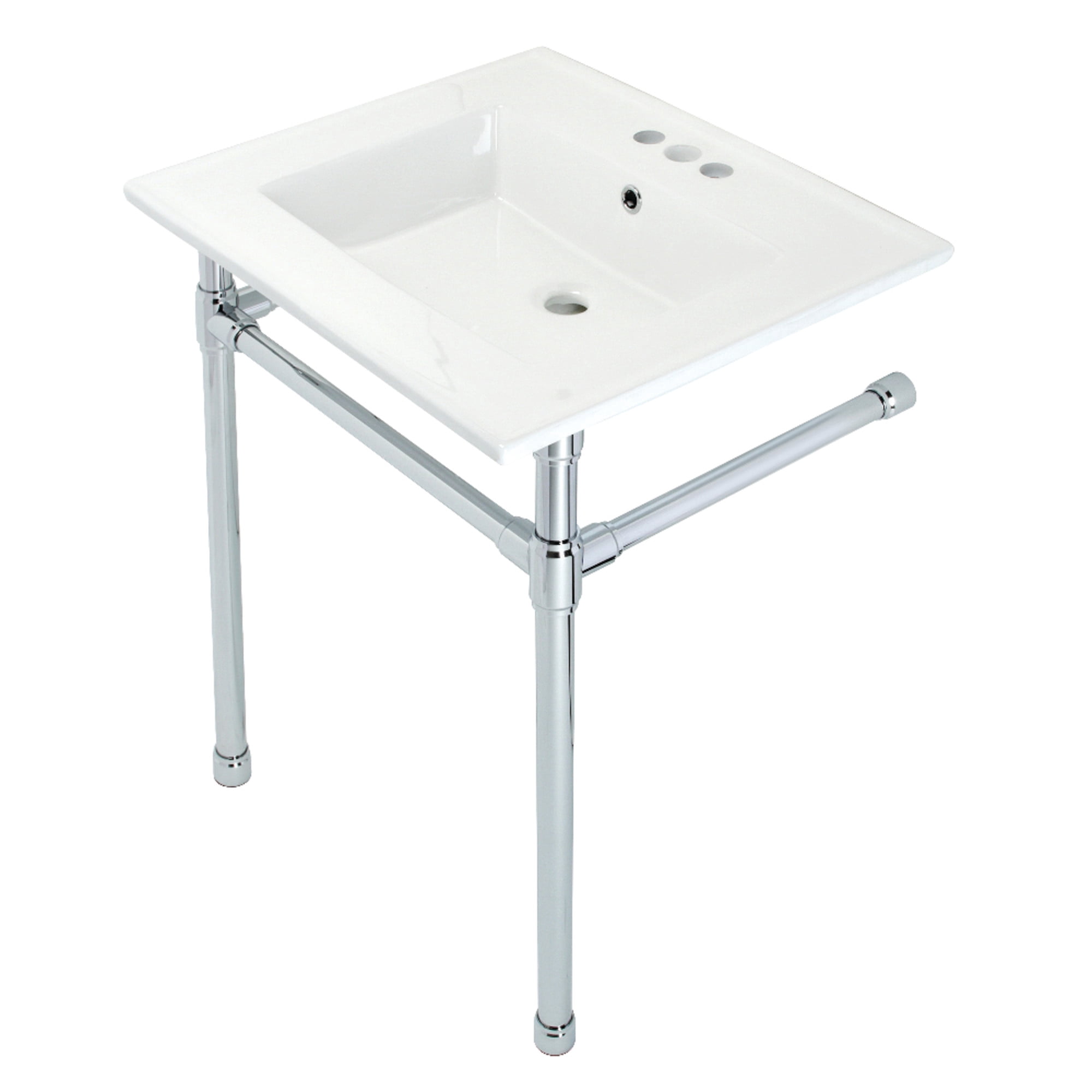 Kingston Brass KVPB25227W41 Dreyfuss 25" Ceramic Console Sink with Stainless Steel Legs (4-Inch, 3-Hole), White/Polished Chrome