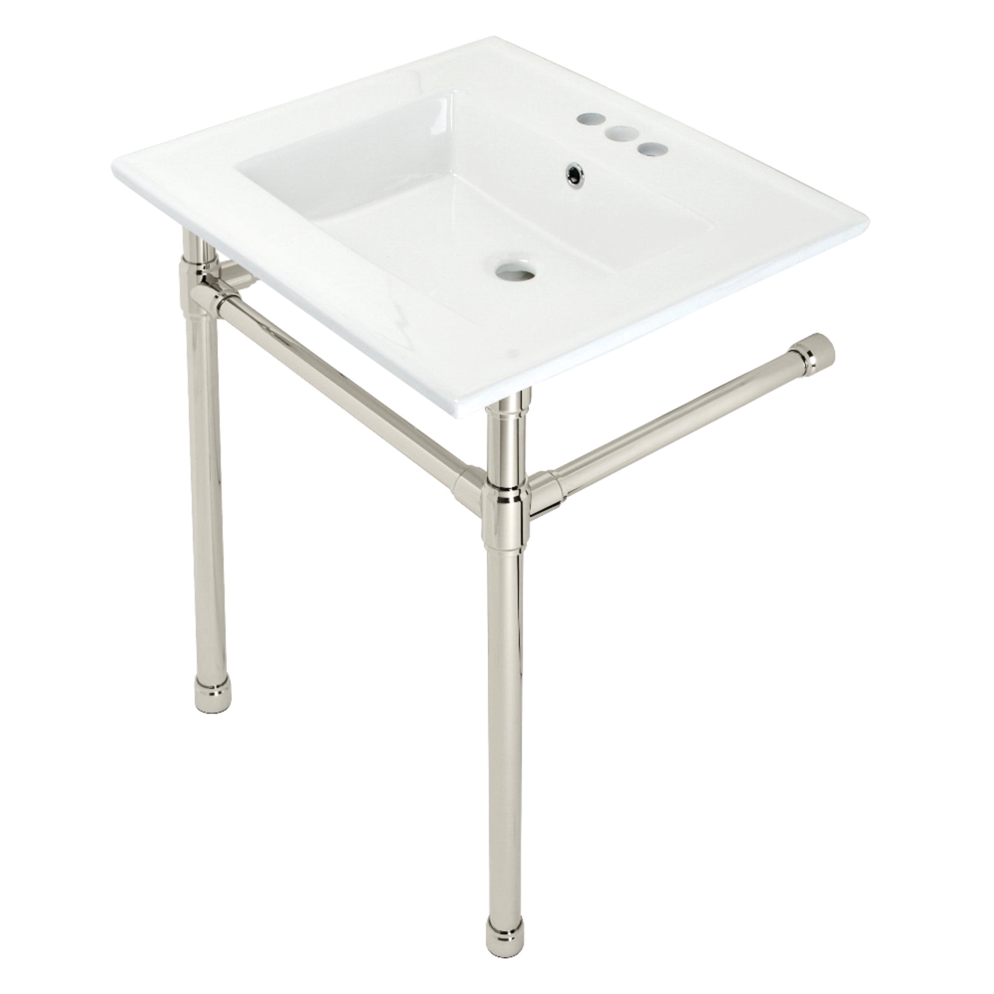Kingston Brass KVPB25227W46 Dreyfuss 25" Ceramic Console Sink with Stainless Steel Legs (4-Inch, 3-Hole), White/Polished Nickel