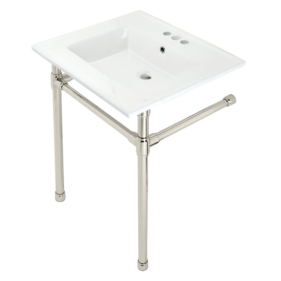 Kingston Brass KVPB25227W46 Dreyfuss 25" Ceramic Console Sink with Stainless Steel Legs (4-Inch, 3-Hole), White/Polished Nickel