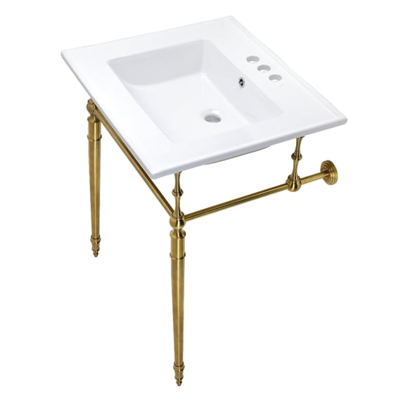 Kingston Brass KVPB25227W4BB Edwardian 25" Ceramic Console Sink with Brass Legs (4-Inch, 3-Hole), White/Brushed Brass
