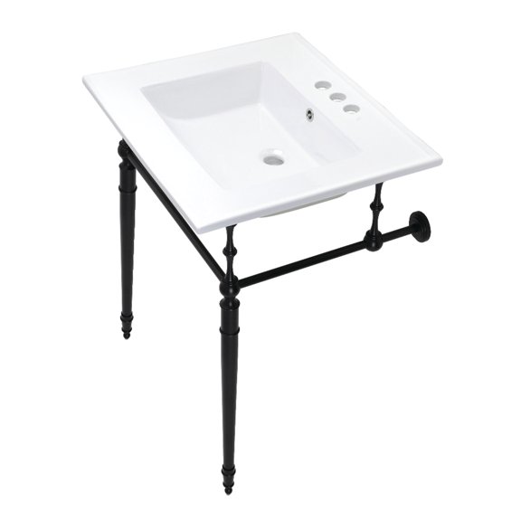 Kingston Brass KVPB25227W4MB Edwardian 25" Ceramic Console Sink with Brass Legs (4-Inch, 3-Hole), White/Matte Black