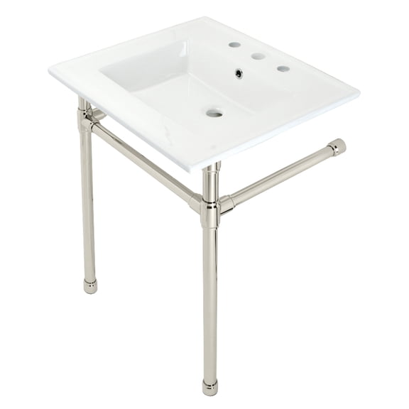 Kingston Brass KVPB25227W86 Dreyfuss 25" Ceramic Console Sink with Stainless Steel Legs (8-Inch, 3-Hole), White/Polished Nickel