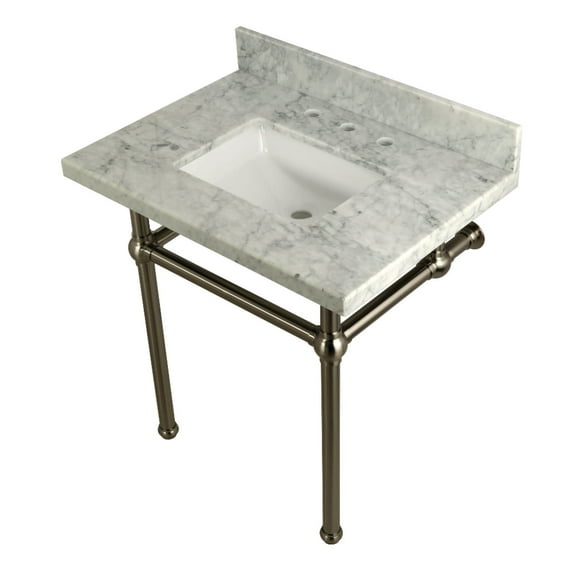 Kingston Brass KVPB3030MBSQ8 Templeton 30X22 Carrara Marble Vanity Top with Brass Feet Combo, Carrara Marble/Brushed Nickel