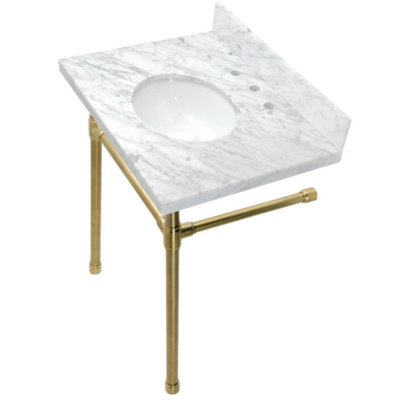 Kingston Brass KVPB30M87ST Dreyfuss 30" Carrara Marble Vanity Top with Stainless Steel Legs (8-Inch, 3-Hole), Carrara Marble White/Brushed Brass