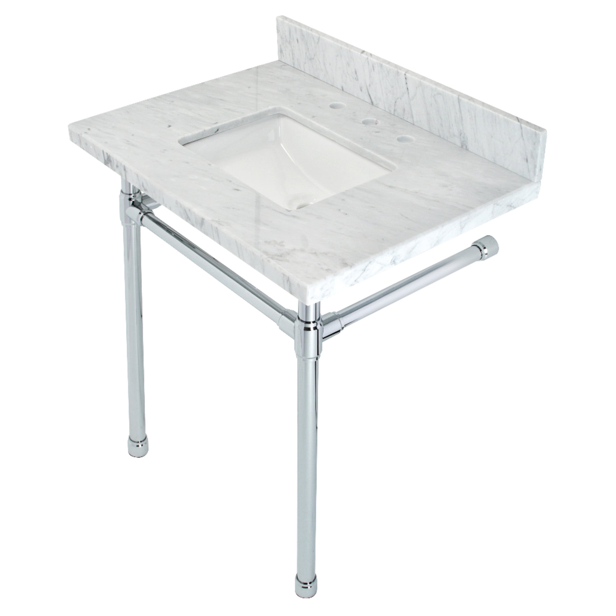 Kingston Brass KVPB30M8SQ1ST Dreyfuss 30" Carrara Marble Vanity Top with Stainless Steel Legs (8-Inch, 3-Hole), Carrara Marble White/Polished Chrome