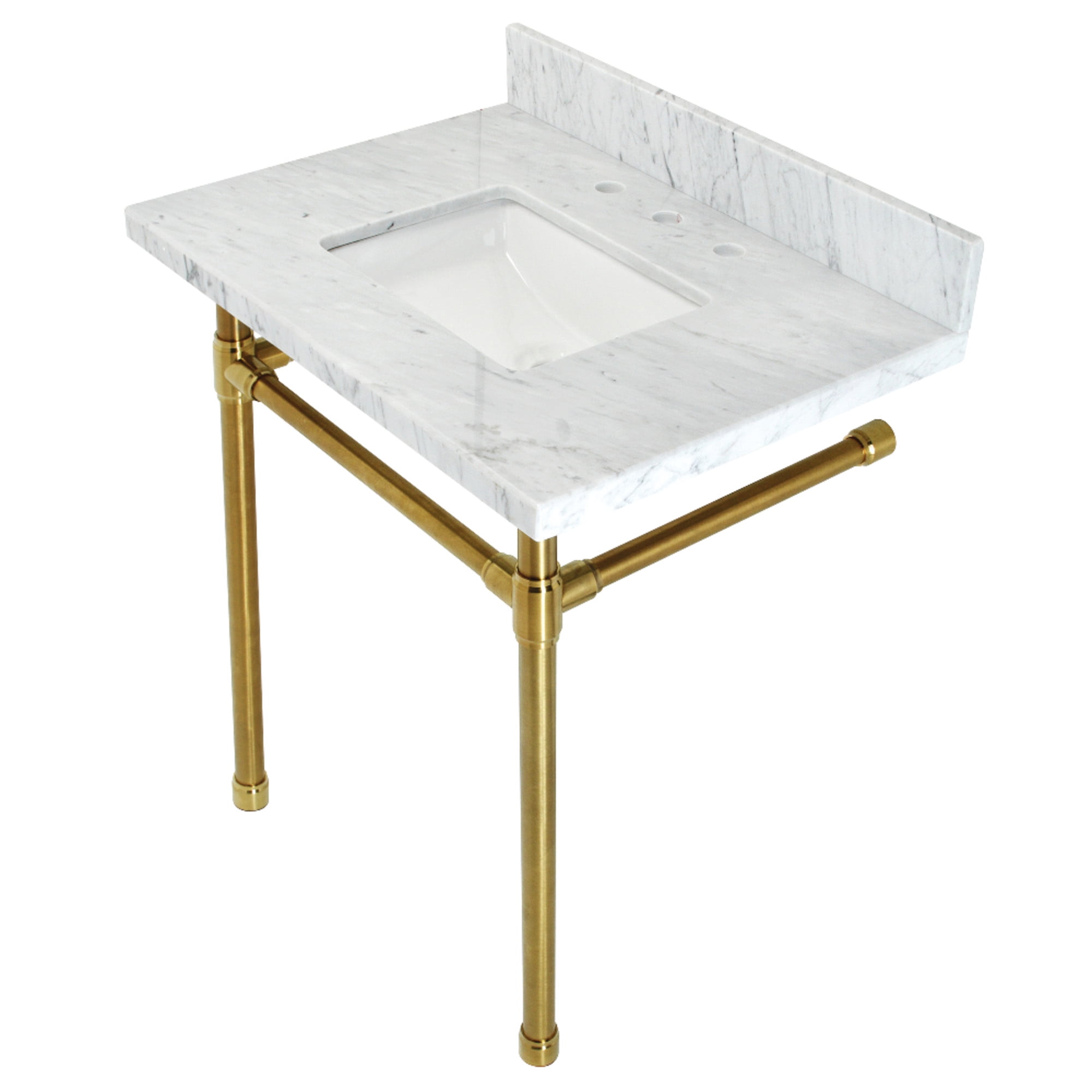 Kingston Brass KVPB30M8SQ7ST Dreyfuss 30" Carrara Marble Vanity Top with Stainless Steel Legs (8-Inch, 3-Hole), Carrara Marble White/Brushed Brass
